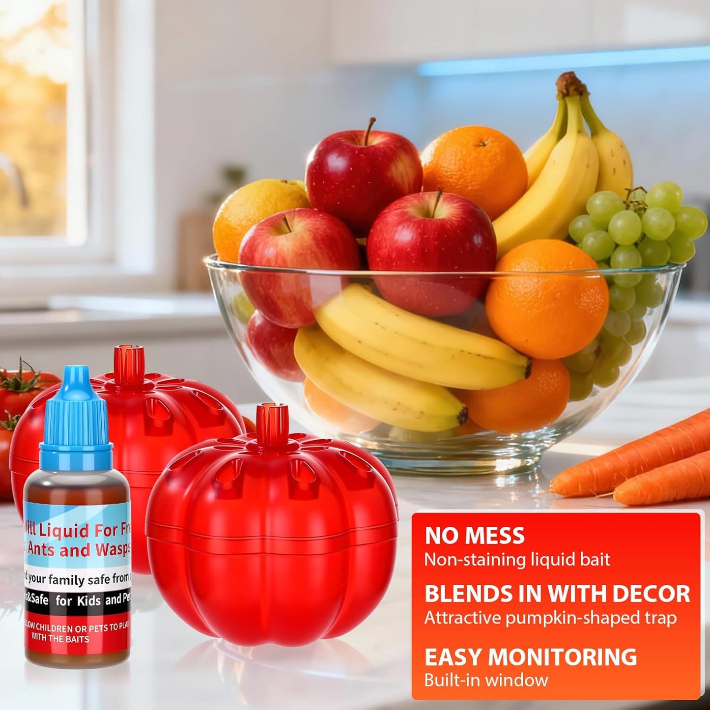 12 Pack Fruit Fly Traps for Indoors 12 Bottle 0.68oz Refills Liquid, Fruit Fly Killer Gnat Traps for Indoor 540 Days Supply of Reusable Gnat Trap with Lure for Kitchen House Dining(Clear)