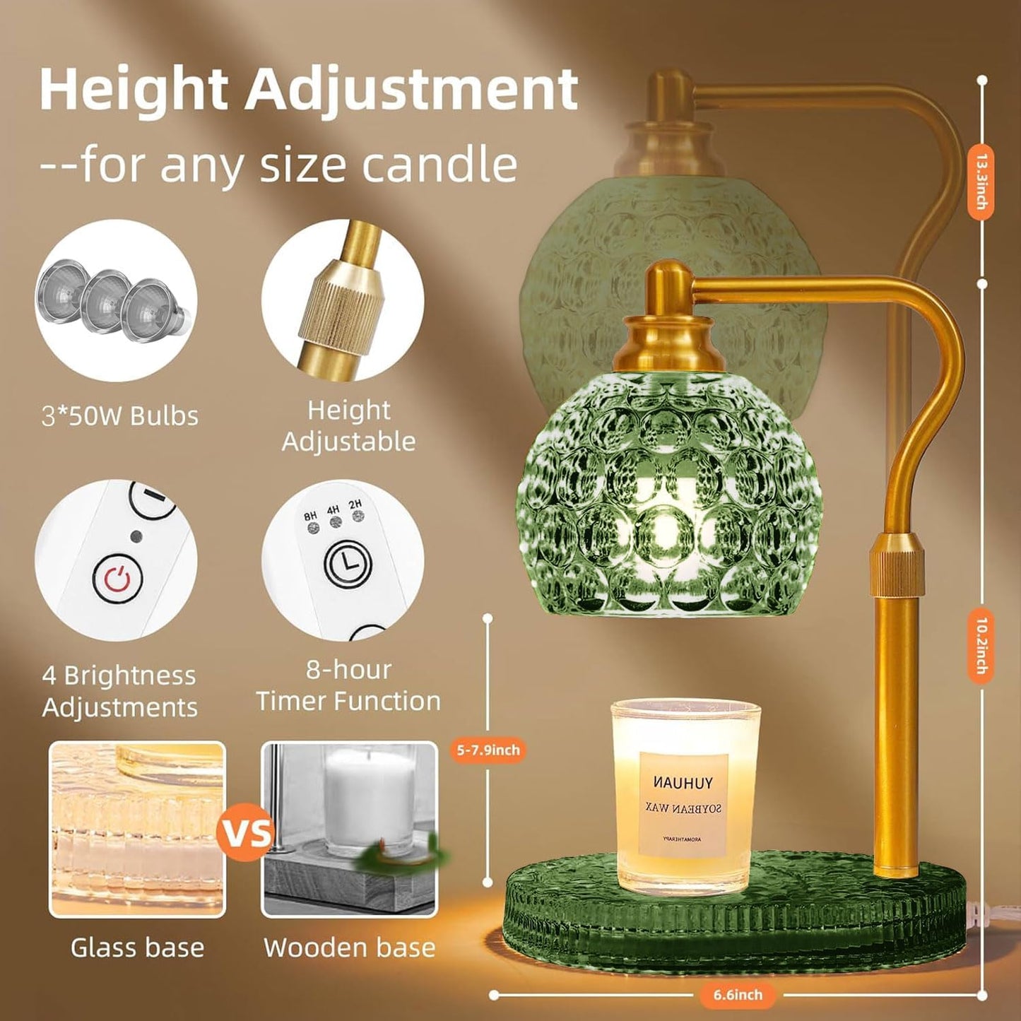 Candle Warmer Lamp with Timer & Dimmer, Glass Lamp Candle Warmer for Jar Candles, UPGRATED with 3 Bulbs, Height Adjustable Electric Wax Warmer for Elegant Home Decor (Crystal Clear)