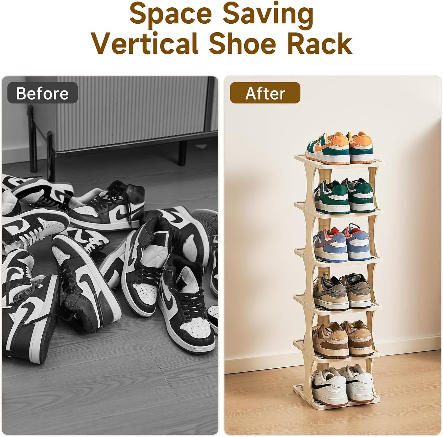 UFORU Vertical Shoe Rack 6 Tier, Narrow Free Standing Shoe Organizer for Closet, Entryway & Bedroom, Tall Plastic Narrow Shoe Rack for Small Spaces, Stackable Shoe Organizer& Easy to Assemble
