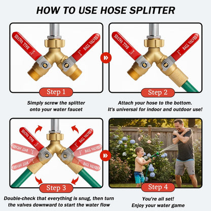 Garden Hose Splitter 2 Way Heavy Duty Brass, Full Flow Hose Bib Y Valve, 3/4" GHT Outdoor Faucet Splitter with Easy-Turn Long Handles and Washers
