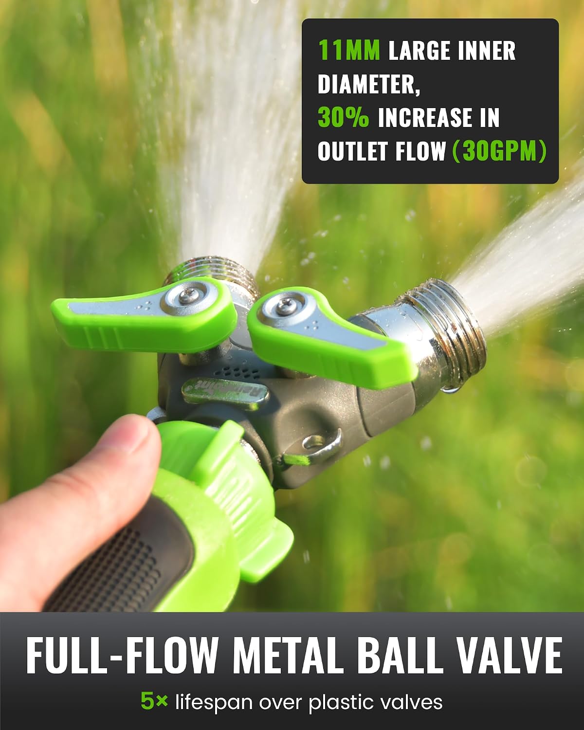 RAINPOINT 2 Way Garden Hose Splitter | Heavy Duty Water Spigot Splitter with Shutoff Valves, 100% Metal Body, 1.9" Extra Long Metal Handle, 3/4" GHT Thread