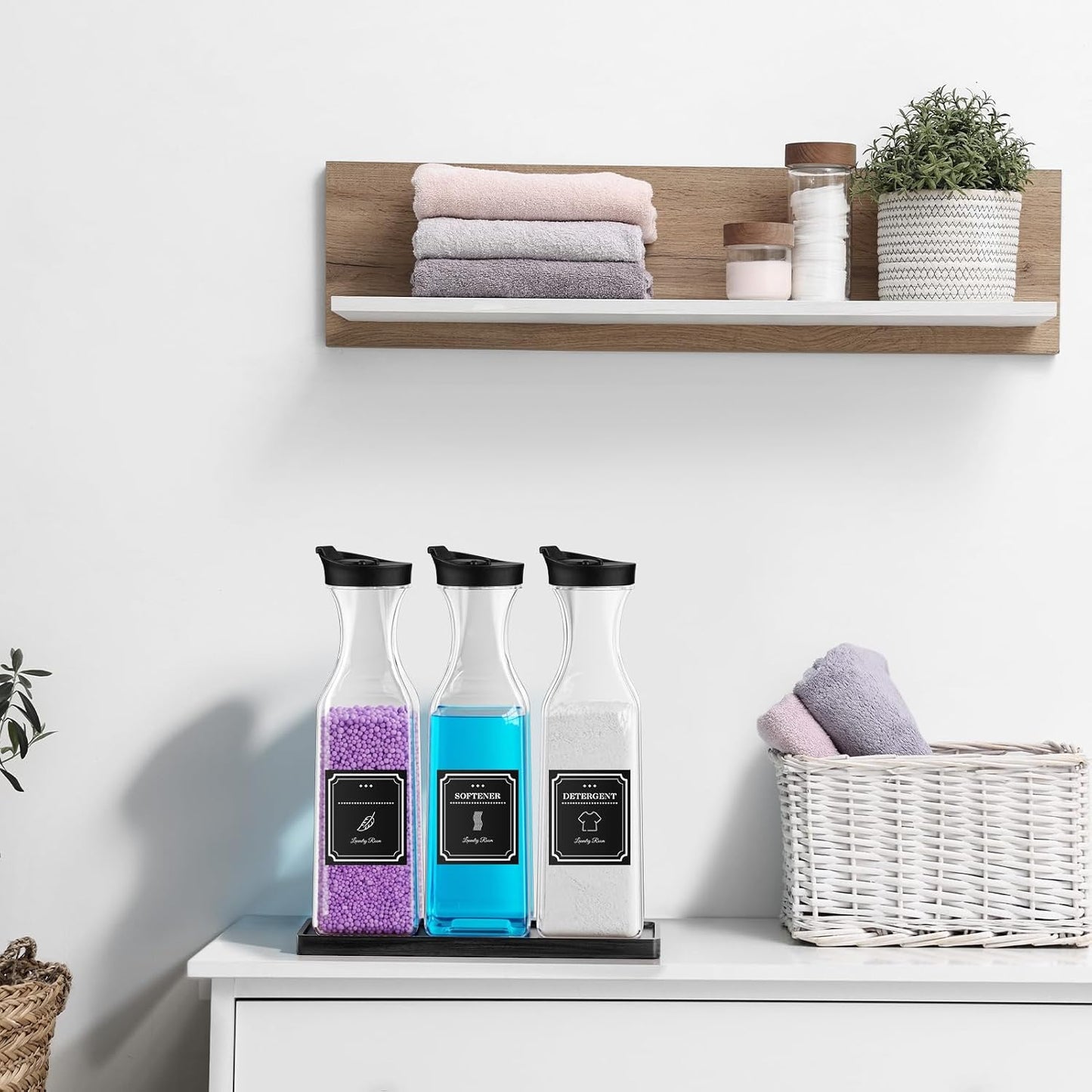 Laundry Detergent Dispenser,54OZ Laundry Soap Dispenser,Liquid Laundry Detergent Container,Fabric Softener Dispenser with Bamboo Wood Tray,Laundry Room Organizer with 4 Labels