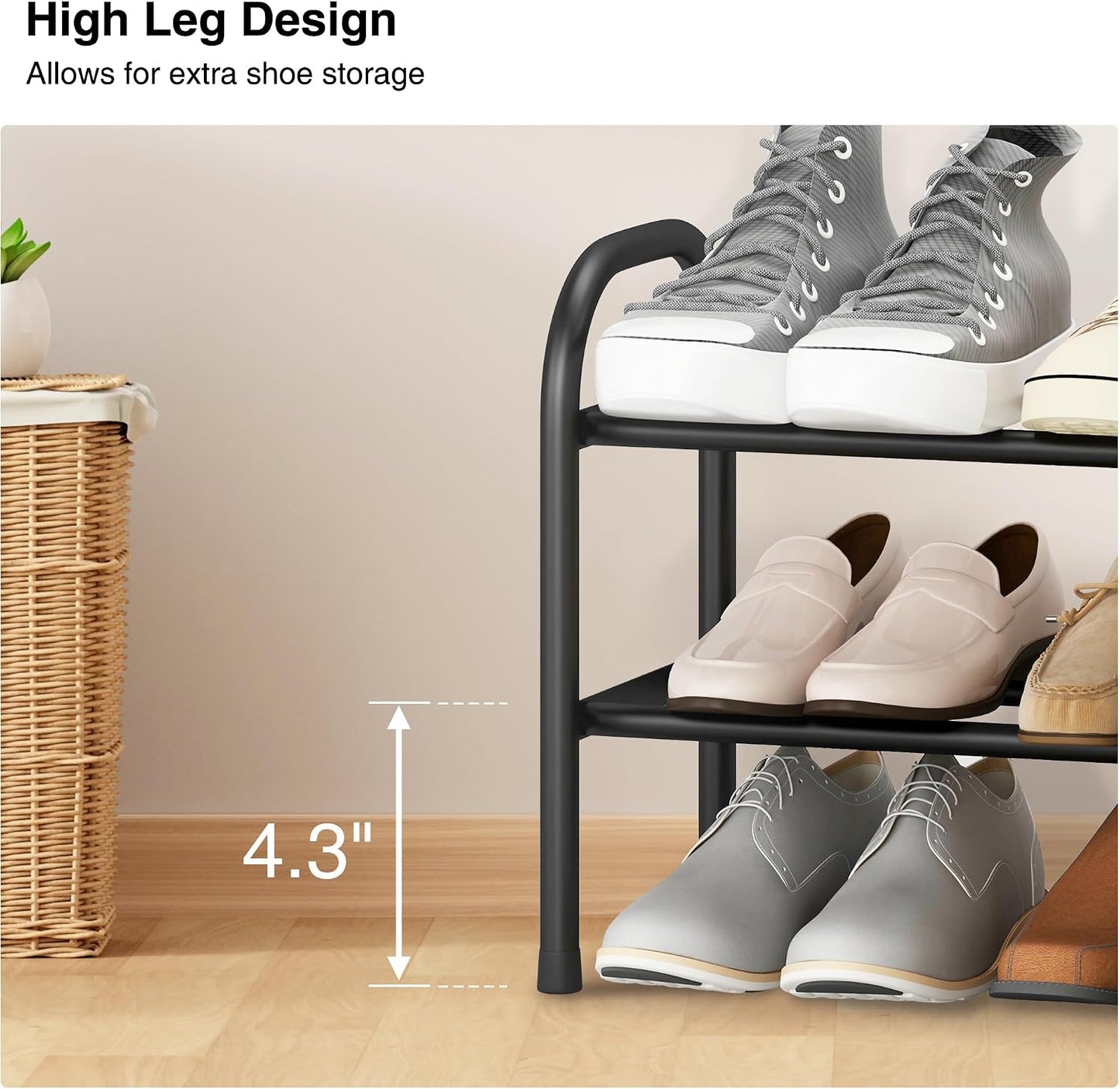 STO STO Expandable Shoe Rack, 3-Tier Metal Small Shoe Rack for Closet, Up to 16 Pairs Adjustable Shoes Racks Storage for Front Door Entrance, Free Standing Shoes Rack Organizer for Entryway, Black