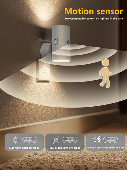Night Light with Motion Sensor & Dusk to Dawn Sensor, Plug into Wall Night Light with 30-100lm Adjustable Brightness, Motion Activated Night Light, 3000K Warm White for Bedroom Hallway Bathroom Stairs