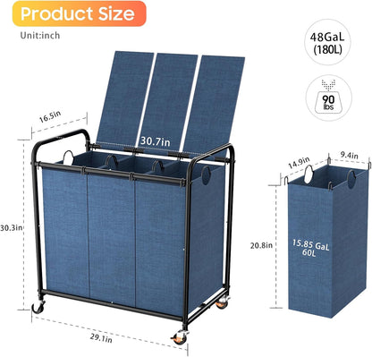 180L (47.55 Gal) Laundry Sorter 3 Section, Rolling Laundry Basket with Lockable Wheels and Lid, Laundry Hamper with 3 Separated Removable Bags Dirty Clothes Hamper for Laundry Room Organizer, Black