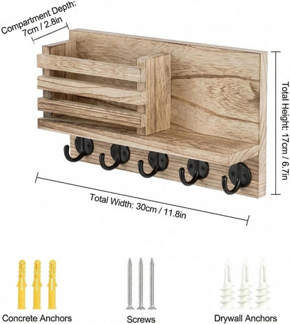 Wall Key Hook, Mail Organizer with 5 Metal Key Hooks, Decorative Key Rack Wall Mount, Tung Wood, 11.8 x 6.7 inches, Includes mounting Hardware (Brown)