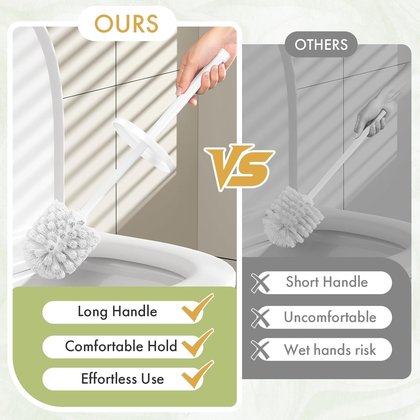 Toilet Bowl Brush and Holder Set 2 Pack with 4 Extra Brush Heads | Extra Long Handle with Splash Guard Cover, Tool-Free Installation, Bathroom Space-Saving, Cleaner Sets for Apartments, RV (White)