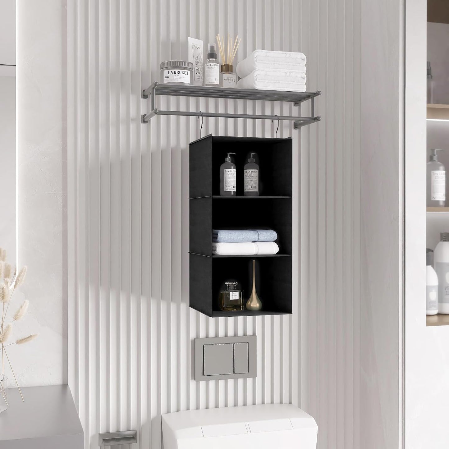 Hanging Closet Organizer 3-Shelf, Oxford Fabric Wardrobe Storage, Gray | Easy-mount foldable design holds clothes, handbags, shoes & accessories; washable Oxford fabric, sturdy and space-saving.