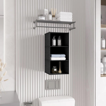Hanging Closet Organizer 3-Shelf, Oxford Fabric Wardrobe Storage, Gray | Easy-mount foldable design holds clothes, handbags, shoes & accessories; washable Oxford fabric, sturdy and space-saving.