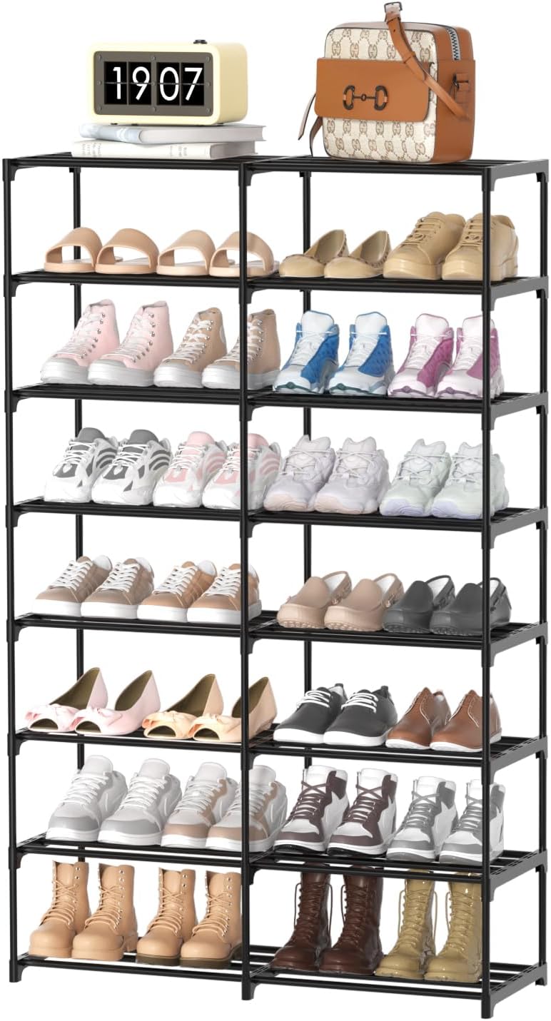 3 Row 4 Tier Long Shoe Rack, Black Metal Stackable Shoe Shelf with Multifunctional Hooks, Shoe Storage Hold 24-30 Pairs, Space Saving Shoe Organizer for Closet,Wide Shoe Rack