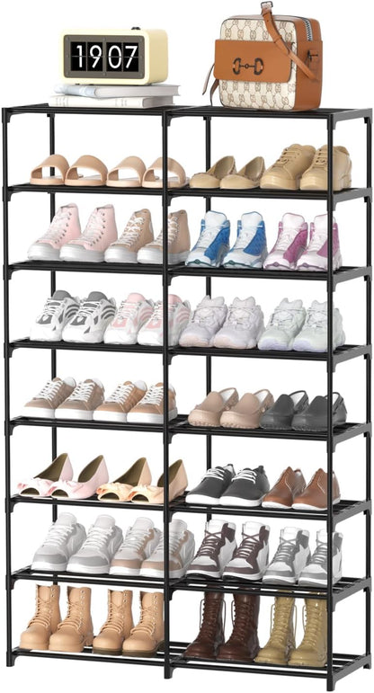 3 Row 4 Tier Long Shoe Rack, Black Metal Stackable Shoe Shelf with Multifunctional Hooks, Shoe Storage Hold 24-30 Pairs, Space Saving Shoe Organizer for Closet,Wide Shoe Rack