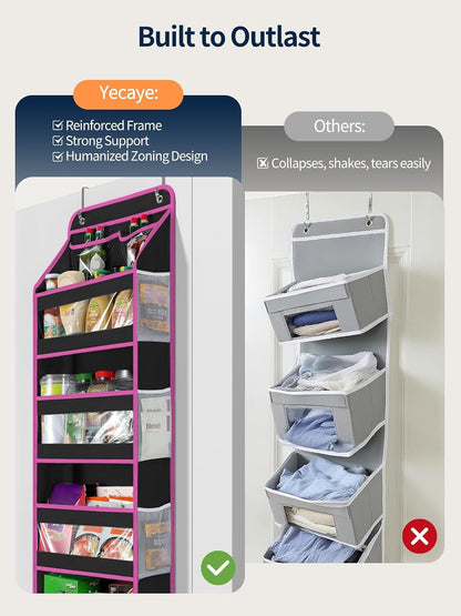 Yecaye 5 Tier Over the Door Organizer, Swing-proof Door Organizer Hanging with Clear PVC Windows, Behind the Door Storage for Bedroom Nursery Closet Laundry Pantry Bathroom, Grey