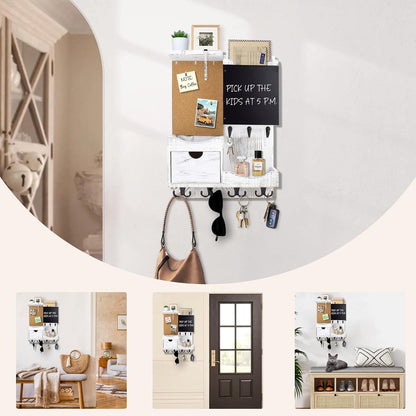 Key Holder for Wall Mount with Shelf and Mail Organizer, Key and Mail Holder with 16 Hooks, Farmhouse Entryway Organizer, Home Decor Rack (Pine Wood, Black)