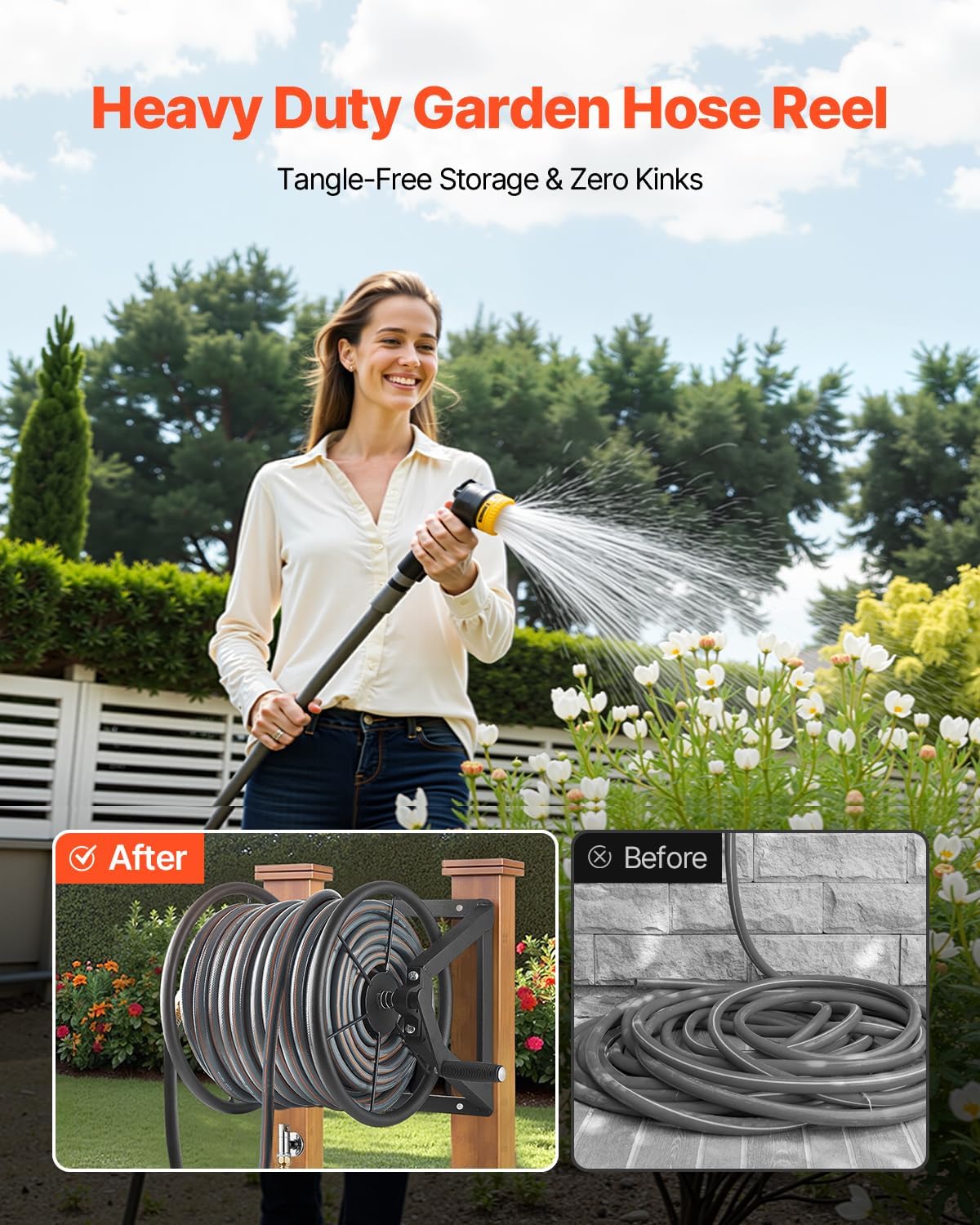 VEVOR Wall Mounted Garden Hose Reel, Holds 125 ft 5/8-inch Hose, Heavy-Duty Water Hose Winder, Space-Saving Design, Outdoor Manual Reel with Brass Fitting and Storage Basket for Yard Lawn