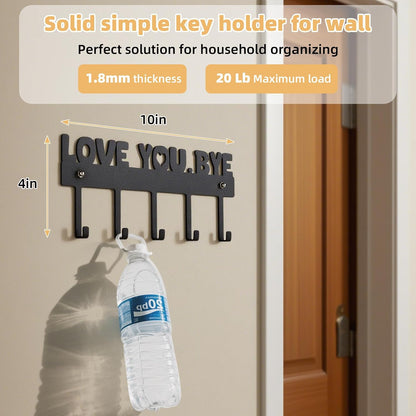 Key Holder Wall Mount, No Drill Adhesive, Black, 5 Hooks | 'Love You.Bye' Entryway Organizer, Metal, 10x4 Inch, Screws Installation