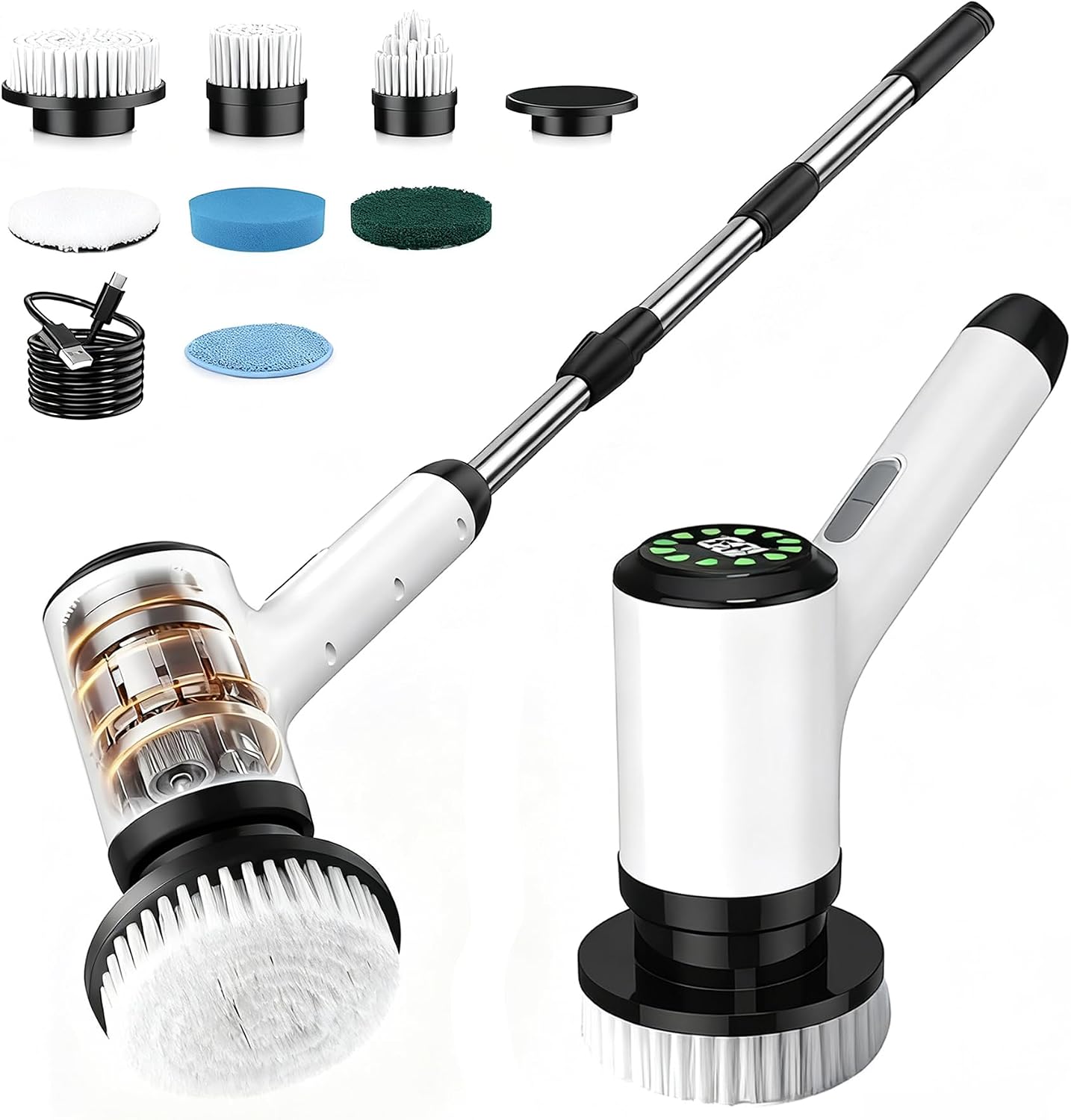 6-in-1 Cordless Electric Spin Scrubber with Long Handle | Power scrubber, bathroom scrubber, 47.2 in long handle, 2 speed scrub brush, IPX7 rated body, kitchen, tile, tub, floor
