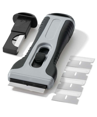 Bates- Razor Blade Scraper Tool, 2 Pack, Gray, 30 Extra Carbon Steel Blades, Anti-Slip Ergonomic Handle Design, Razor Scraper with Buid-In Blade Storage for Cleaning Window, Paint, Oven, Glass Stove