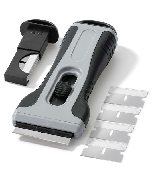 Bates- Razor Blade Scraper Tool, 2 Pack, Gray, 30 Extra Carbon Steel Blades, Anti-Slip Ergonomic Handle Design, Razor Scraper with Buid-In Blade Storage for Cleaning Window, Paint, Oven, Glass Stove