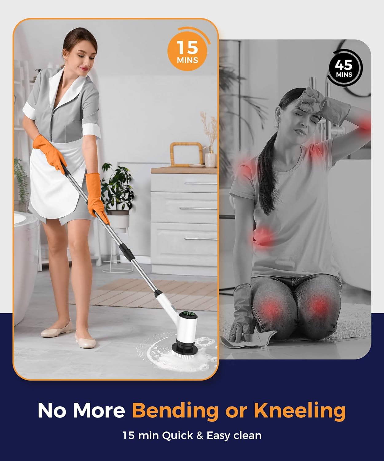 6-in-1 Cordless Electric Spin Scrubber with Long Handle | Power scrubber, bathroom scrubber, 47.2 in long handle, 2 speed scrub brush, IPX7 rated body, kitchen, tile, tub, floor