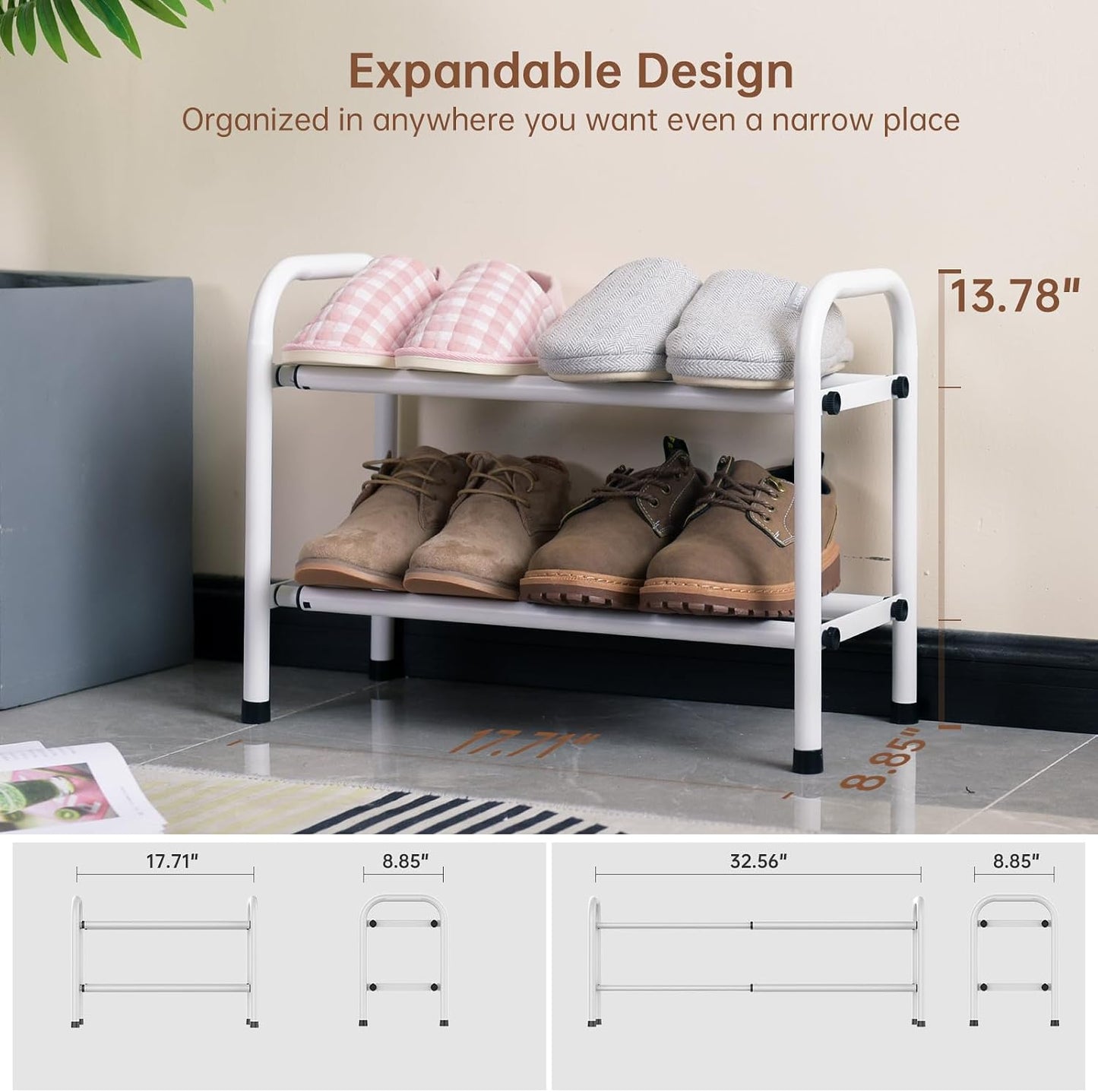 Gonfoam Shoe Rack for Closet, Expandable Shoe Organizer Storage Shelf, Adjustable Metal Free Standing Small Closet Shoe Rack for Entryway, Doorway (2-Tier Black)