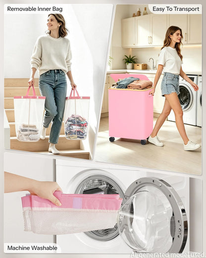 Double Laundry Hamper with Lid and Wheels, 150L Large Laundry Basket with 2 Sections & Removable Liner Bags, Rolling Dirty Clothes Basket with Handles for Bedroom, Bathroom, Dorm, College