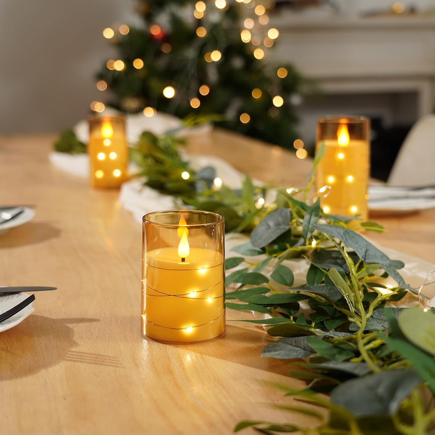 Amagic Red Flameless Candles 3 Set, Flickering Battery Operated Candles Embedded Fairy String Light, Realistic Pillar Candle with Remote Control and Timer, Acrylic, D3 x H4 5" 6"