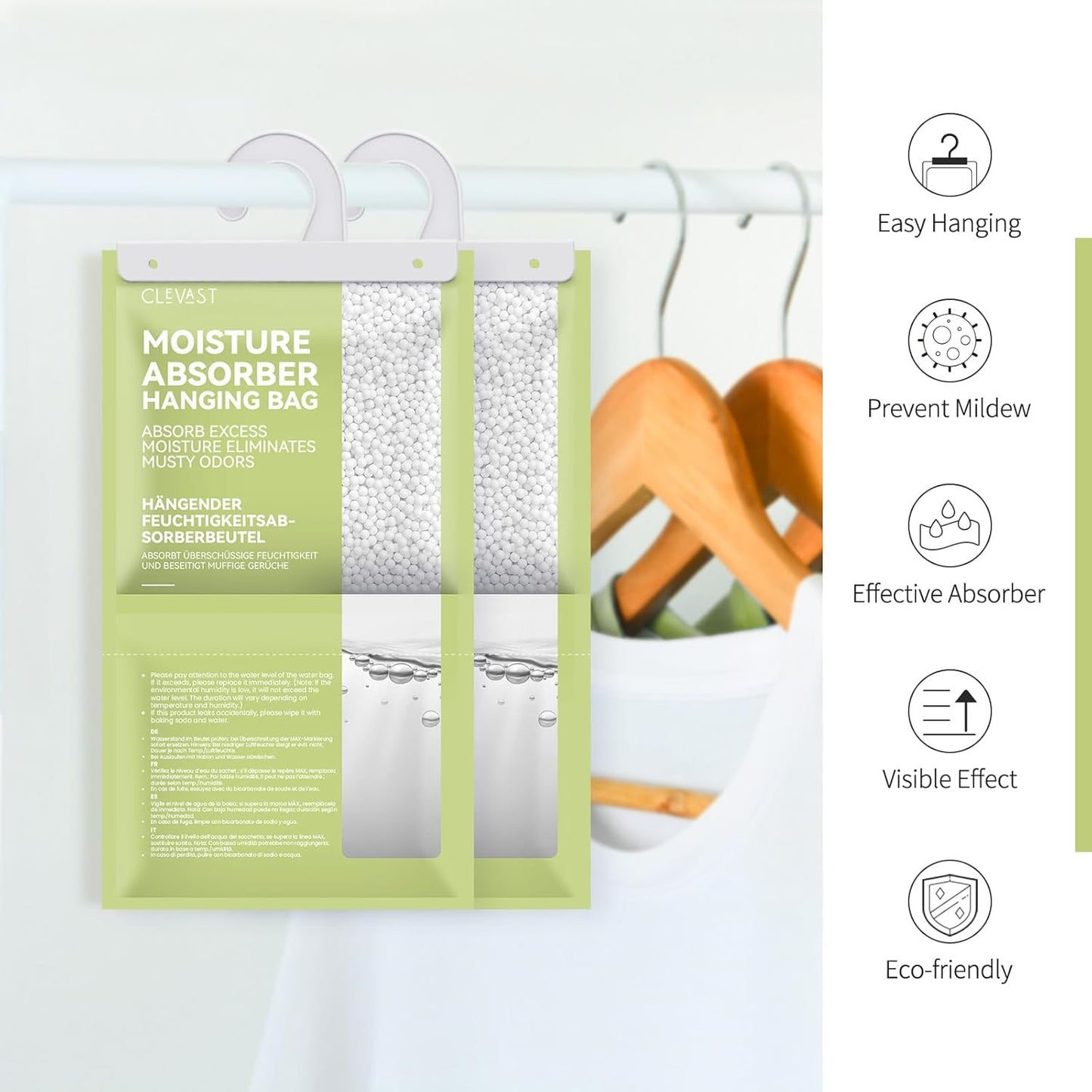 CLEVAST Moisture Absorbers Packets 10 Pack, Dehumidifier Bags for Closet, Unscented Hanging Humidity Absorber in Wardrobes, Bedrooms, Bathrooms(Net Wt. 230g/Pack)