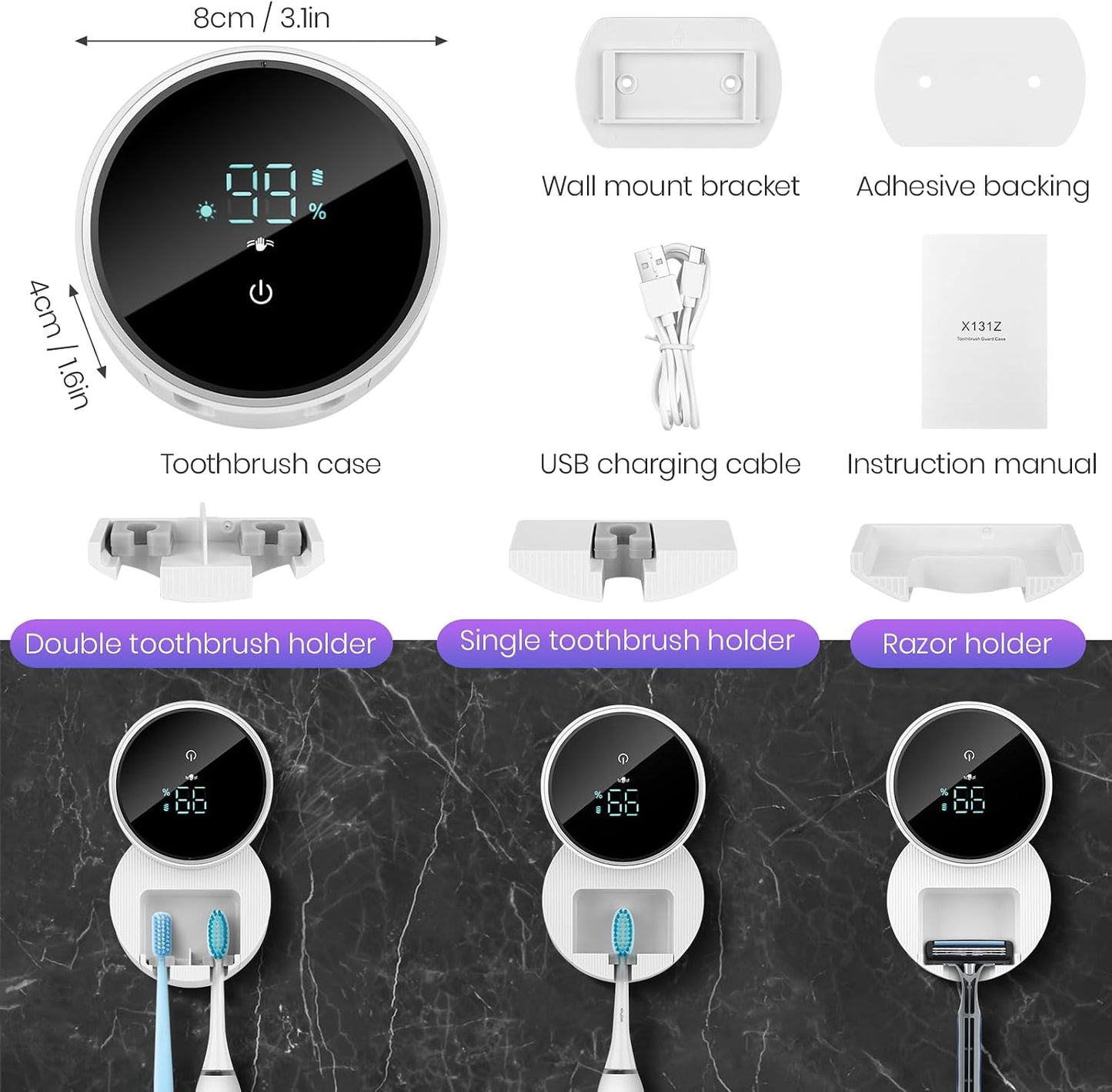 Toothbrush Holder and Cleaner for Bathroom,Minimalist Desktop and Wall Mounted Electric Toothbrush Razor Holder, Automatic Open Close Cover, Clean, Dry for Home Business Travel