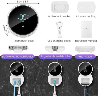 Toothbrush Holder and Cleaner for Bathroom,Minimalist Desktop and Wall Mounted Electric Toothbrush Razor Holder, Automatic Open Close Cover, Clean, Dry for Home Business Travel
