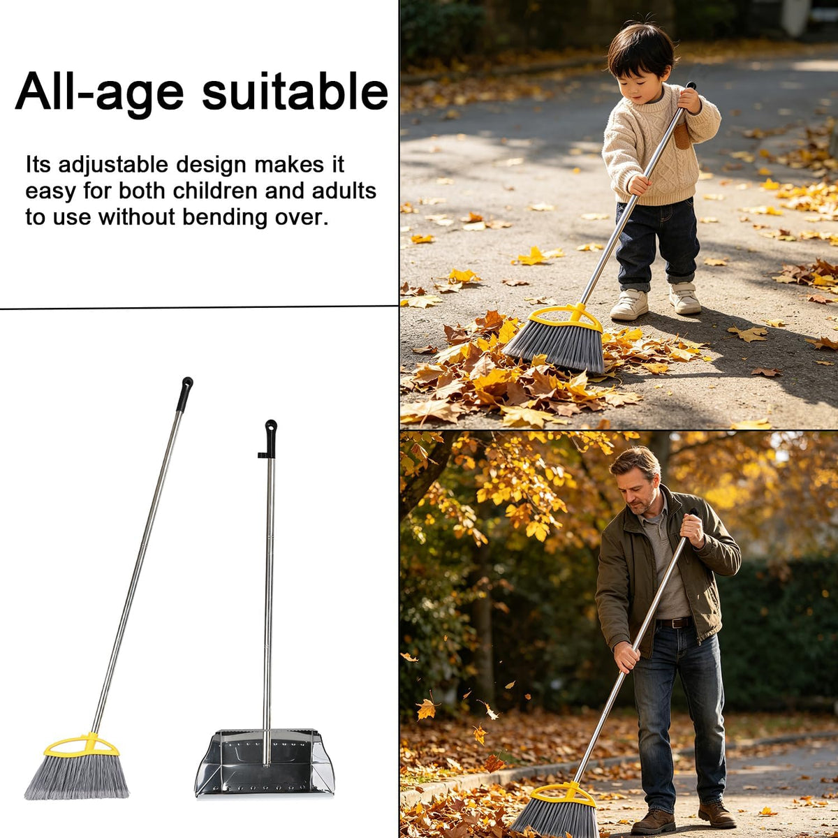 Stainless Steel Dustpan with Outdoor Stiff Bristles Broom,Long Handle Metal Dust Pan and Heavy Duty Broom for Home,Lobby,Office