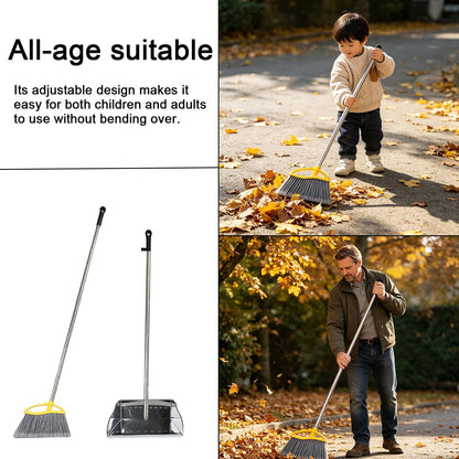 Stainless Steel Dustpan with Outdoor Stiff Bristles Broom,Long Handle Metal Dust Pan and Heavy Duty Broom for Home,Lobby,Office
