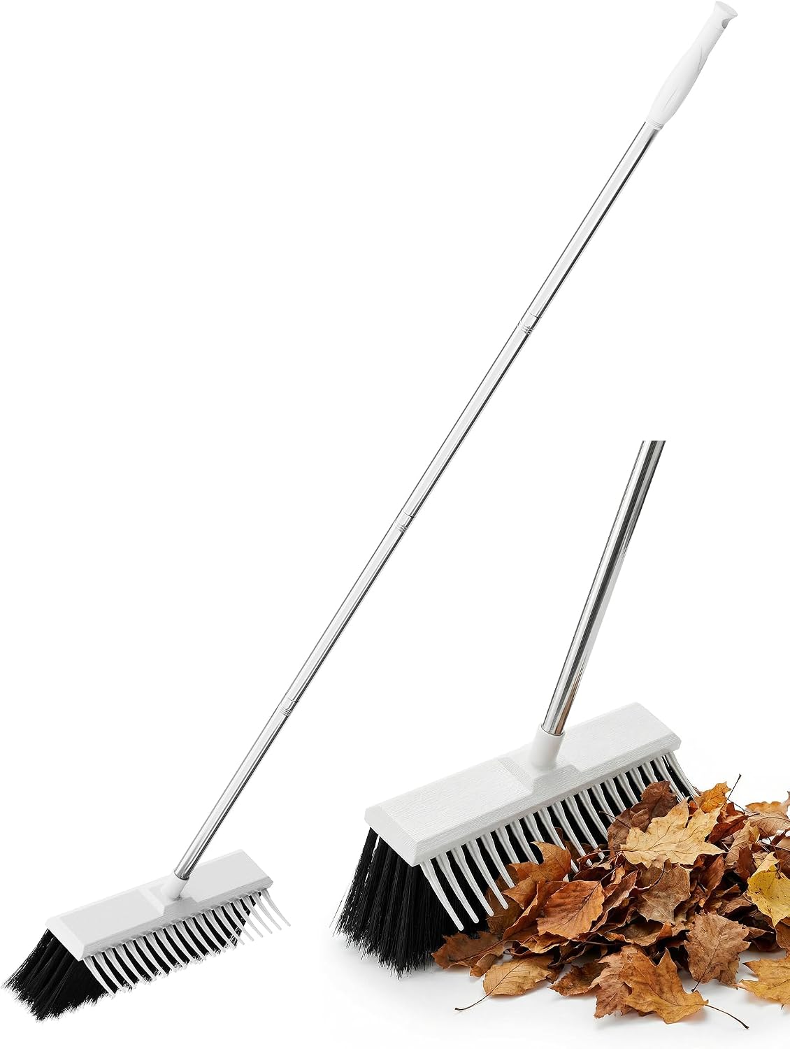 NiHome Heavy-Duty Outdoor Yard Broom with Rake Edge, 63-Inch Adjustable Stainless Steel Pole, 16” Wide Head for Lawn, Deck & Hard Floor Cleaning