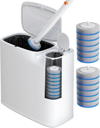 Small Bathroom Trash Can with Lid, Disposable Toilet Brush with 12 Refills, Toilet Bowl Cleaning Wand Set-2 Gallon Silm Garbage can and Toilet Brush Holder for Bathroom, Toilet, RV(White)