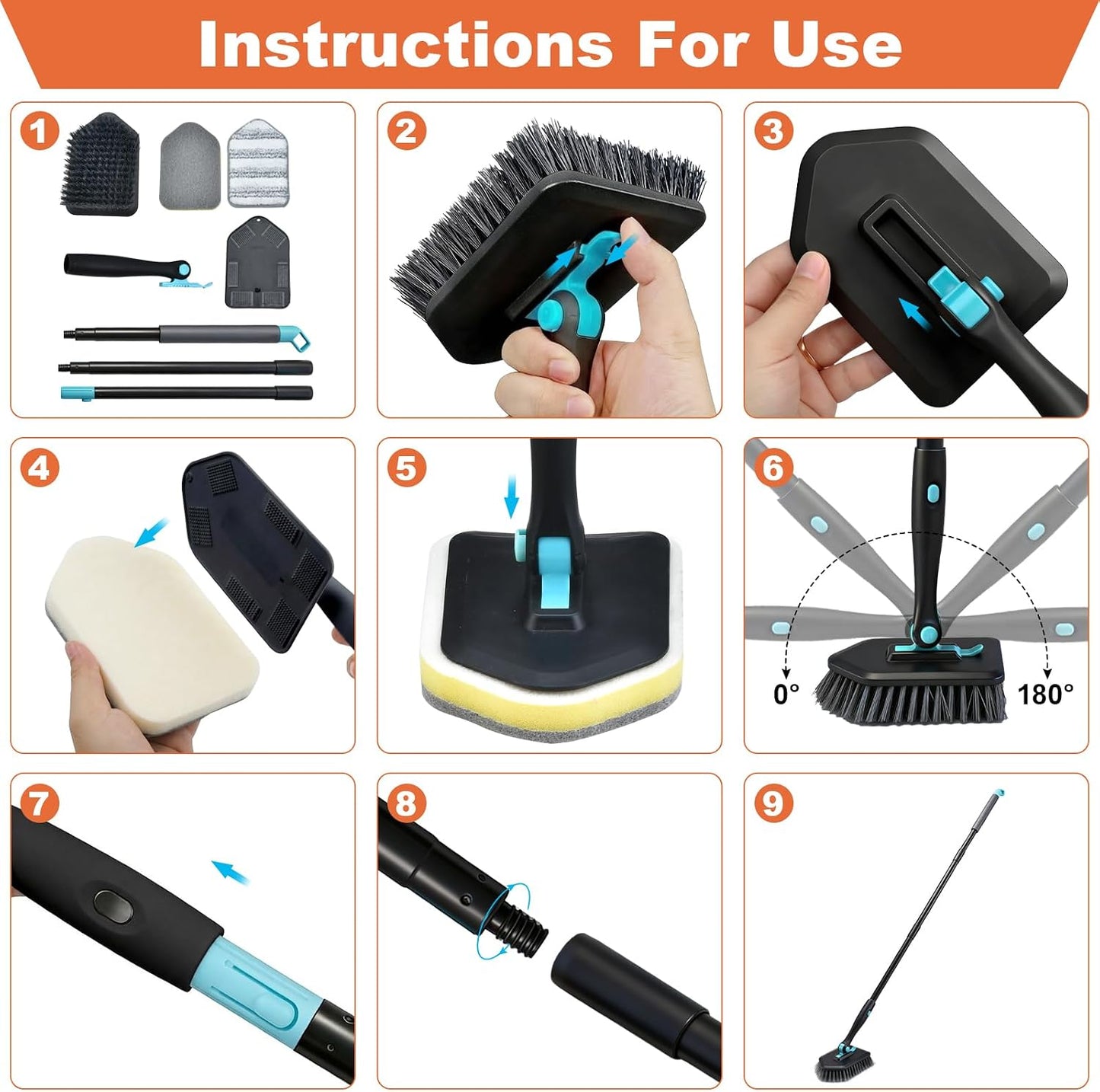 Long Handled Scrub Brush for Shower，3-in-1 Cleaning Brushes with 3 Different Function Cleaning Heads Brush for Shower Cleaning Bathroom Kitchen Walls Tub Tile