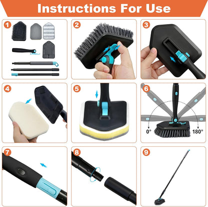Long Handled Scrub Brush for Shower，3-in-1 Cleaning Brushes with 3 Different Function Cleaning Heads Brush for Shower Cleaning Bathroom Kitchen Walls Tub Tile