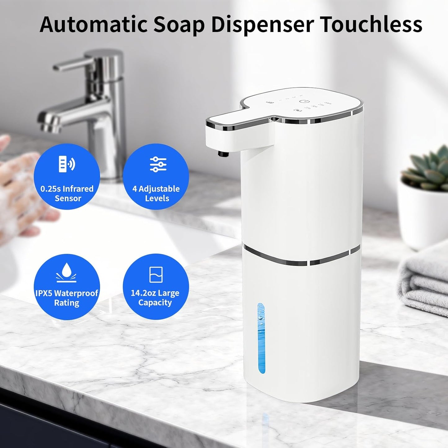 Automatic Foaming Soap Dispenser, Touchless Hand Soap Dispenser, USB Rechargeable, 4 Adjustable Levels, 14.2 oz (420 ml) Large Capacity, for Bathroom, Kitchen & School (Black, Foaming)