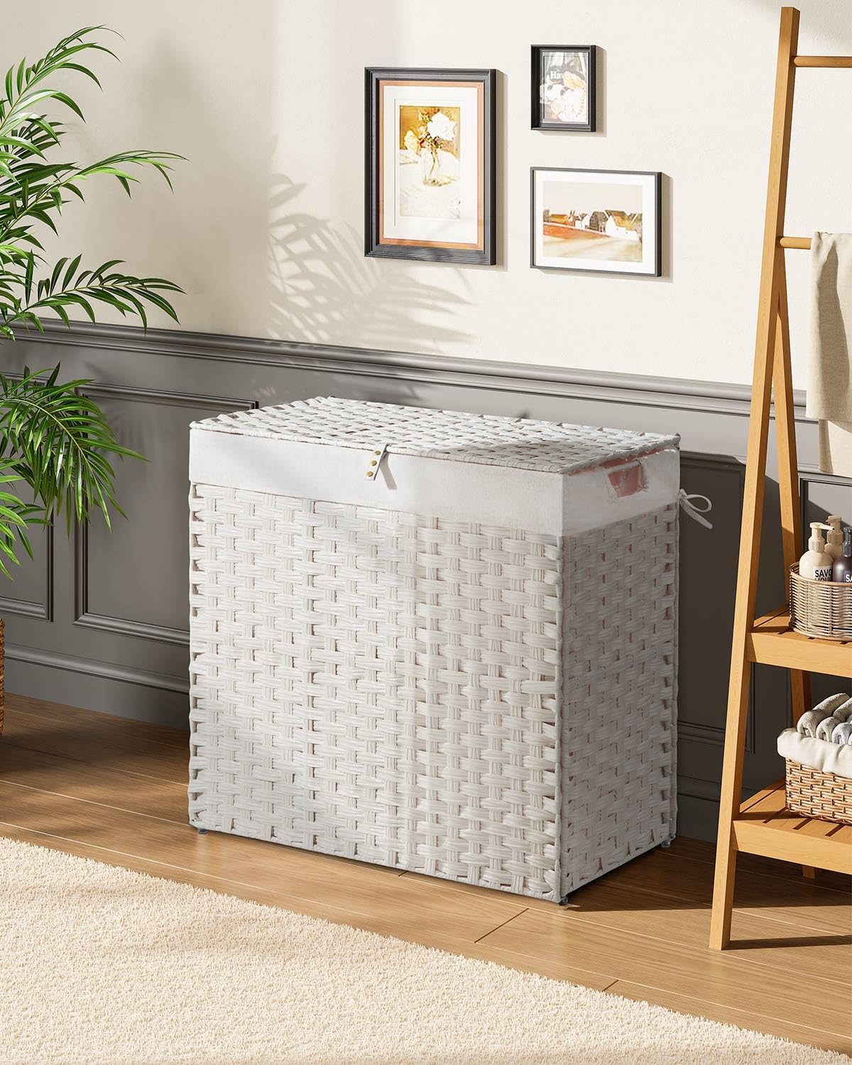 Greenstell Laundry Hamper with 2 Removable Liner Bags, Foldable Divided Clothes Hamper, 90L Handwoven Rattan Laundry Basket with Lid and Handles, No Assembly Needed, 18.3x13.3x24 Inches, Black