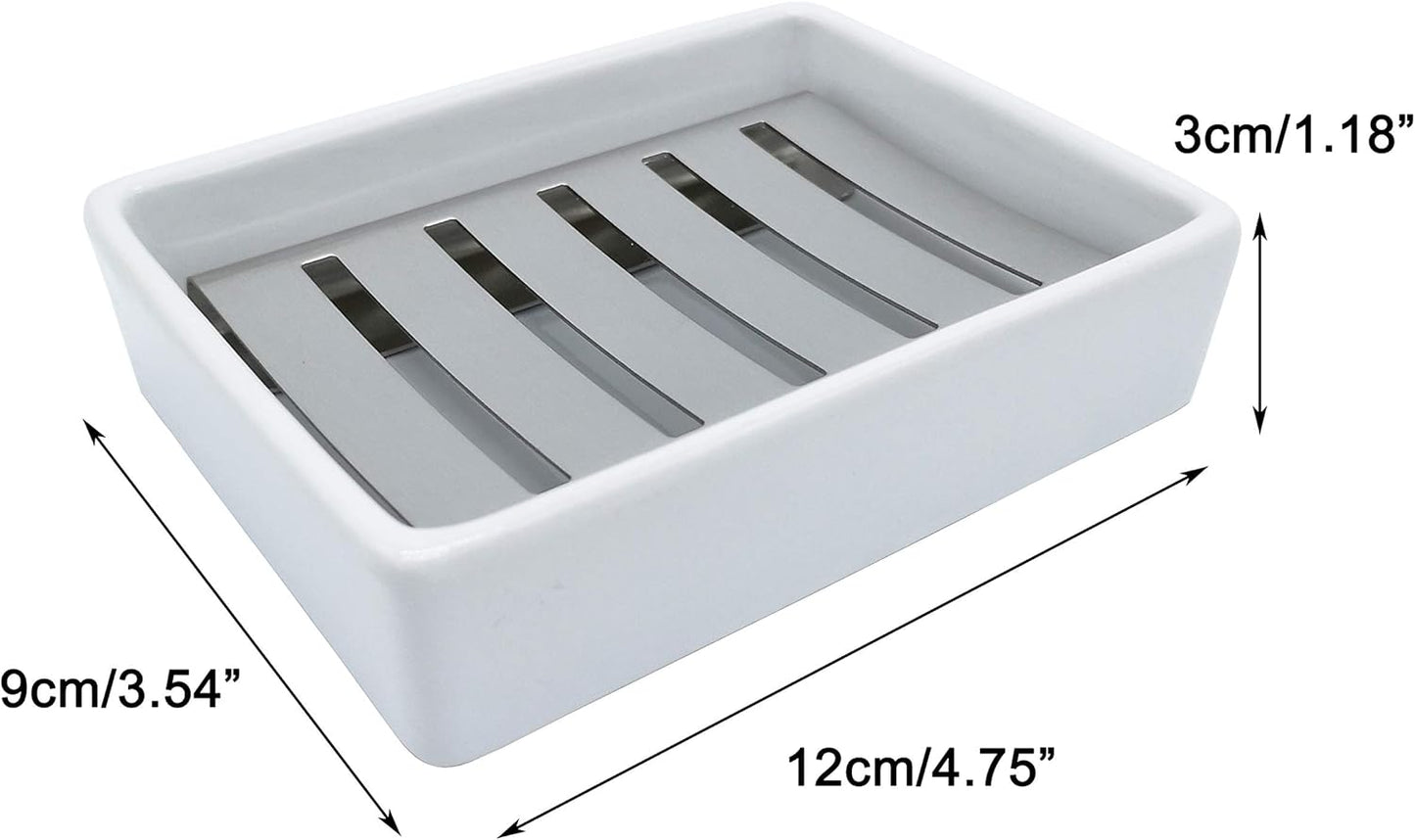 Ceramic Soap Dish Stainless Steel Soap Holder for Bathroom and Shower Double Layer Draining Soap Box