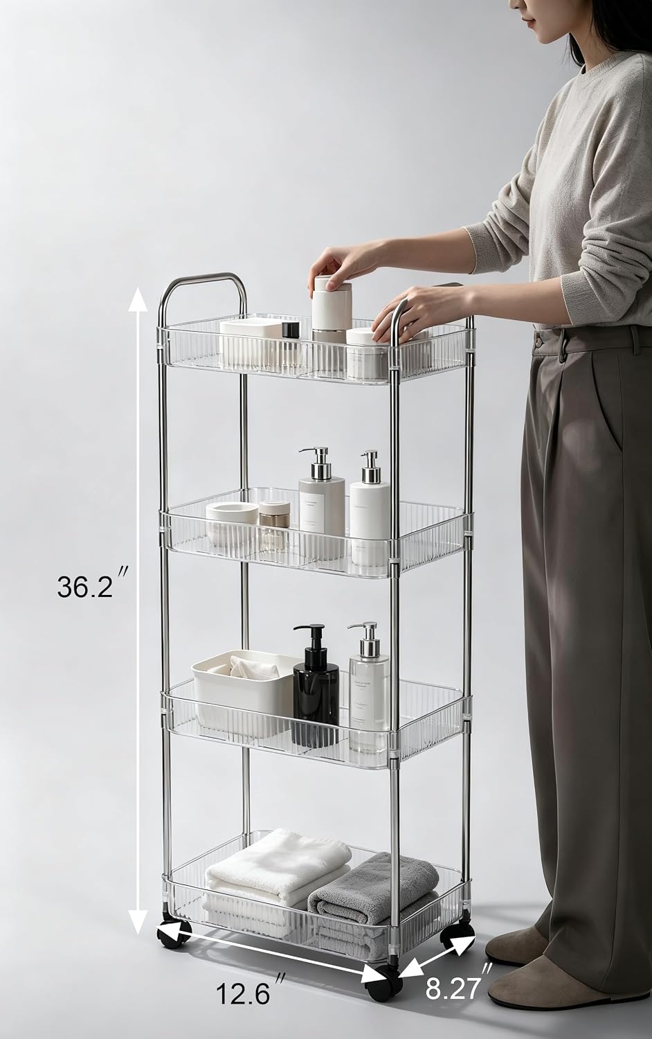 Sooyee 3 Tier Rolling Cart with Wheels, Slim Storage Cart, Under Desk Narrow Rolling Utility Cart Storage Organizer for Office Bathroom Kitchen Laundry Room Narrow Places, White, Plastic and Metal