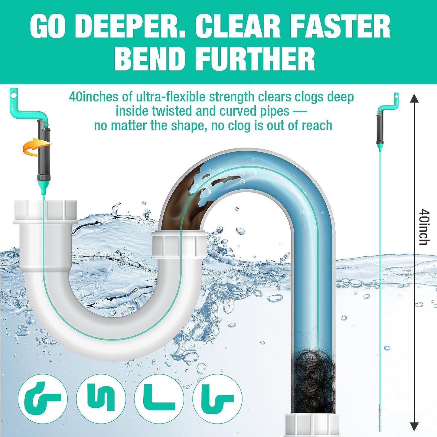 Drain Clog Remover Tool with Rotating Handle, 40 Inch Steel Wire Drain Snake, Heavy Duty Flexible Hair Drain Clog Remover for Shower, Sink, Toilet, Bathroom & Kitchen Drain Cleaner Tool(6PCS)
