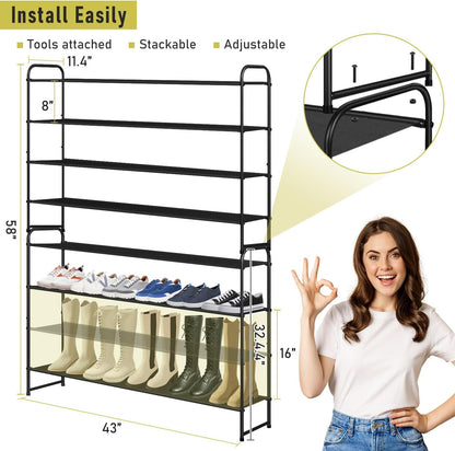 MISSLO 3-Tier Long Shoe Rack for Closet Shoe Organizer for Closet Floor Entryway Storage Stackable Wide Shoe Shelf Stores 24 Pairs of Men Sneakers, Black