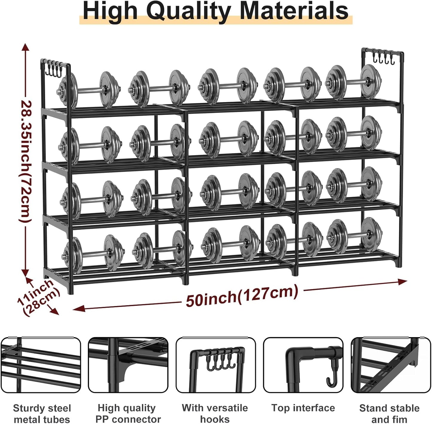 3 Row 4 Tier Long Shoe Rack, Black Metal Stackable Shoe Shelf with Multifunctional Hooks, Shoe Storage Hold 24-30 Pairs, Space Saving Shoe Organizer for Closet,Wide Shoe Rack