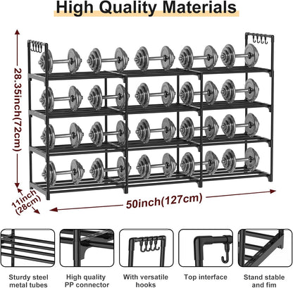 3 Row 4 Tier Long Shoe Rack, Black Metal Stackable Shoe Shelf with Multifunctional Hooks, Shoe Storage Hold 24-30 Pairs, Space Saving Shoe Organizer for Closet,Wide Shoe Rack