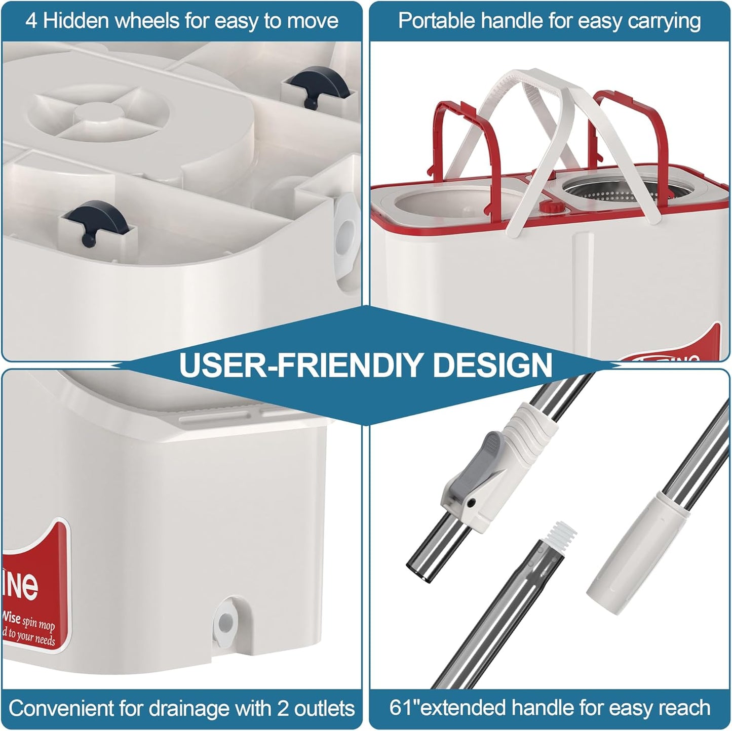 Spin Mop for Large Homes & Big Floor Cleaning, Clean & Dirty Water Separation Mop Bucket for Family & Pet Homes,4-Chamber System, Glide Wheels, Safe for Hardwood & Tile, Adjustable Handle, 6 Mop Heads