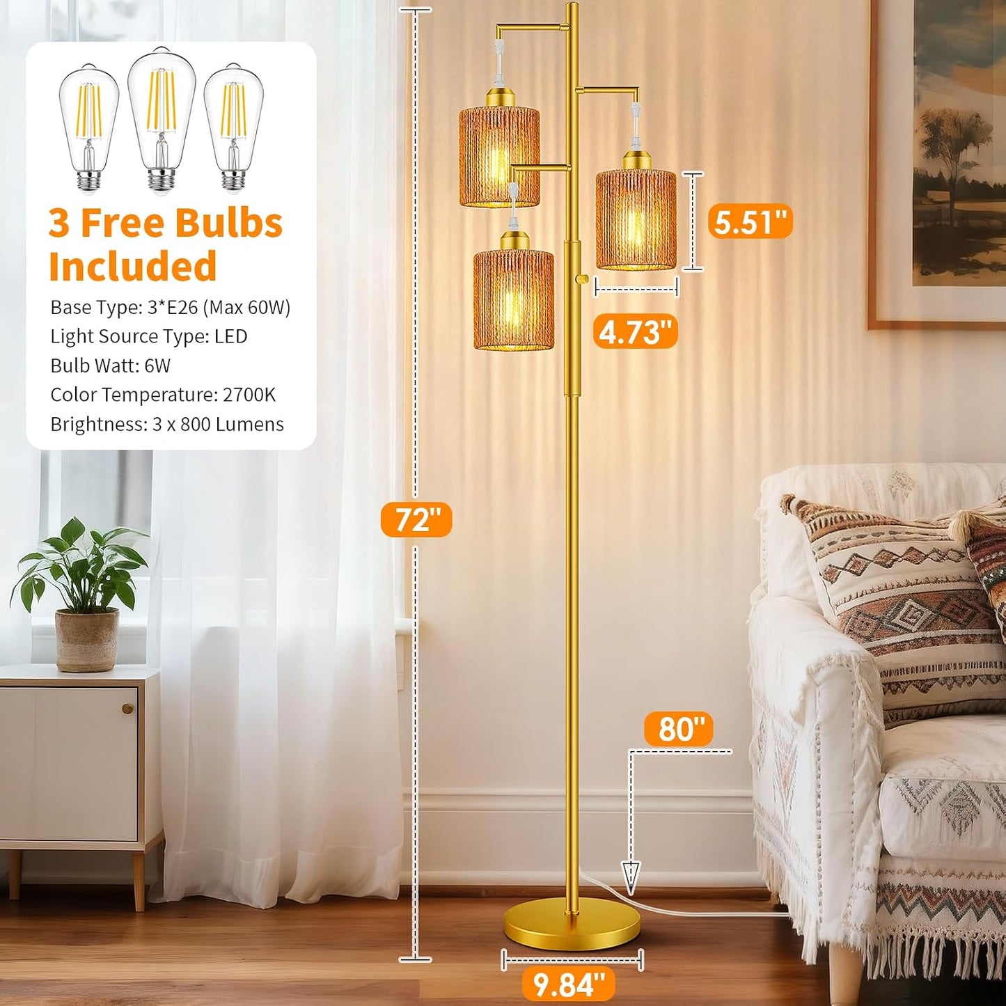 Hotsonic 72" Tall Boho Rattan Style Floor Lamp with Hand-Woven Paper Cord Shade, Dimmable Industrial Tree Standing Lamp for Living Room, Bedroom, Study Room, Office (3 x 800LM Bulbs Included) - Black