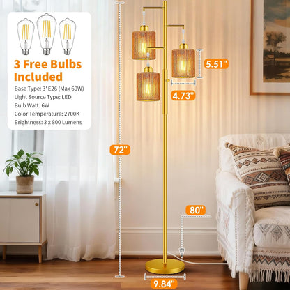 Hotsonic 72" Tall Boho Rattan Style Floor Lamp with Hand-Woven Paper Cord Shade, Dimmable Industrial Tree Standing Lamp for Living Room, Bedroom, Study Room, Office (3 x 800LM Bulbs Included) - Black