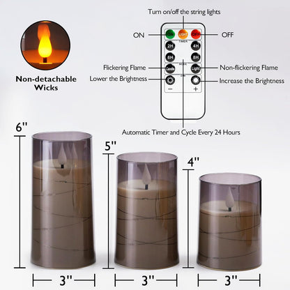 Amagic Red Flameless Candles 3 Set, Flickering Battery Operated Candles Embedded Fairy String Light, Realistic Pillar Candle with Remote Control and Timer, Acrylic, D3 x H4 5" 6"