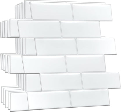 WALPLUS 20 Sheets Peel and Stick Kitchen Backsplash Tile Stickers Self Adhesive Stick on Subway Tile 12" x 6" Bathroom Splashback Water Heat Resistant 3D Wall Tiles Pure White Gray