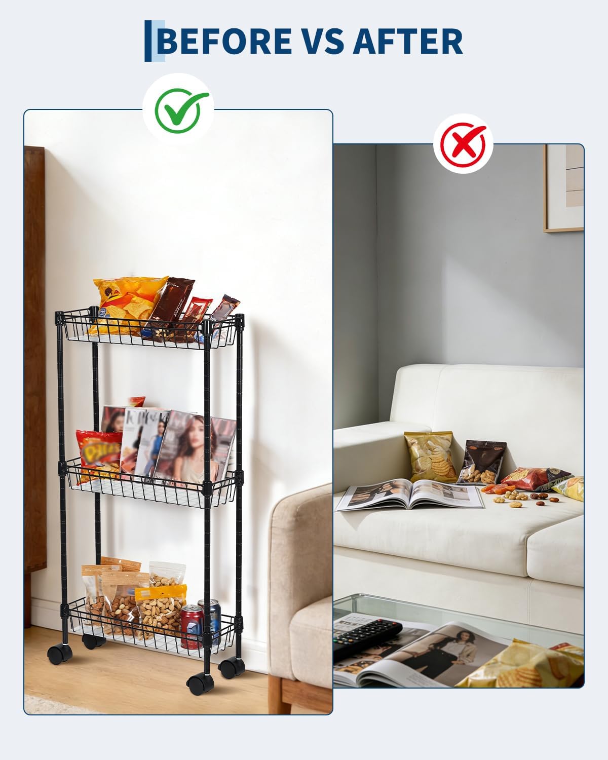 GarveeHome Slim Rolling Storage Cart, 4 Tier Metal Utility Cart with Wheels, Adjustable Shelving Unit Basket for Kitchen Bathroom Laundry Room Living Room & Narrow Corner, 15.75"X5.91"X31.5", Black