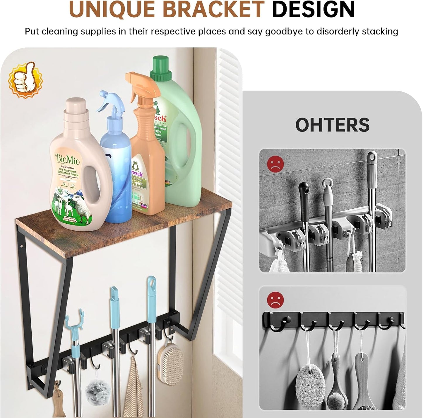 Broom and Mop Organizer Wall Mount, Heavy Duty Broom Hanger Wall Mount for Garage Laundry Room Utility Closet, Cleaning Tool Storage Rack Holder for Brooms Mops Swiffer and Household Organization